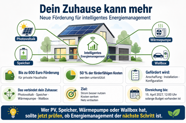Schaubild zur Förderung intelligenter Energiemanagementsysteme für private Haushalte mit Photovoltaik, Speicher, Wärmepumpe und Wallbox.