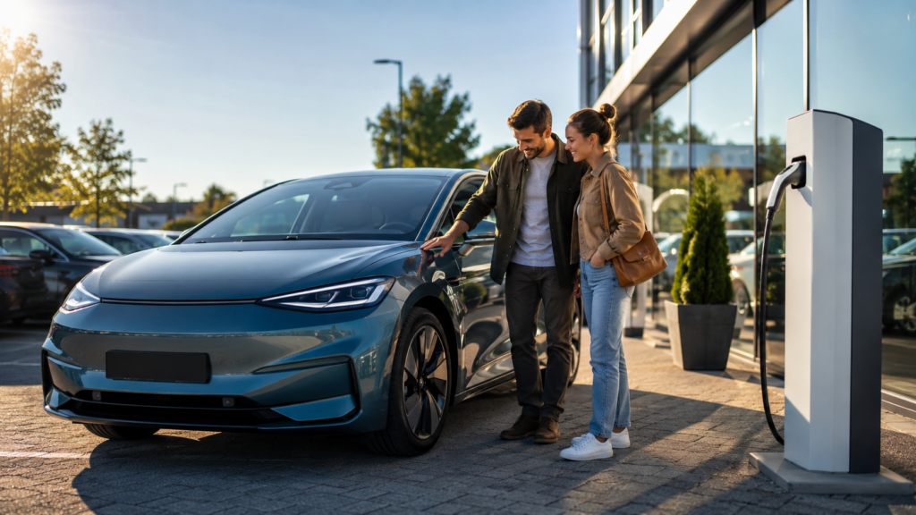Paar besichtigt ein gebrauchtes Elektroauto neben einer Ladesäule