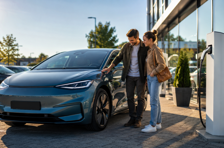 Paar besichtigt ein gebrauchtes Elektroauto neben einer Ladesäule