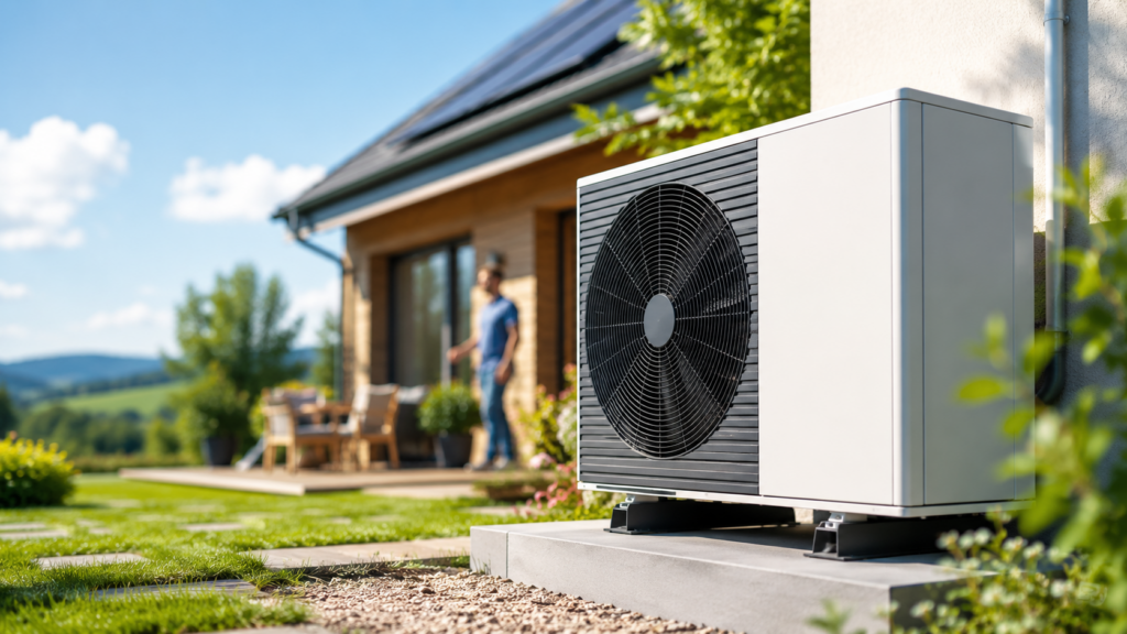 Außeneinheit einer Wärmepumpe vor einem Einfamilienhaus bei sonnigem Wetter, mit unscharfem Hintergrund aus Haus, Garten und Person.