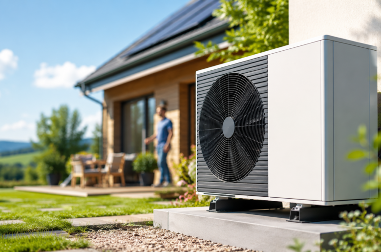 Außeneinheit einer Wärmepumpe vor einem Einfamilienhaus bei sonnigem Wetter, mit unscharfem Hintergrund aus Haus, Garten und Person.