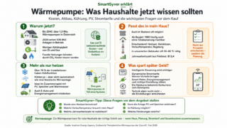 Schaubild für Konsumenten zur Wärmepumpe mit Informationen zu Kosten, Altbau, Kühlung, PV, Speicher, Stromtarifen, Förderung und wichtigen Fragen vor dem Kauf.