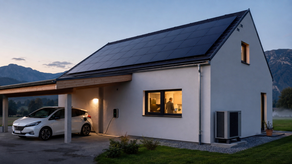KI-generierte Darstellung: Einfamilienhaus mit Photovoltaikanlage auf dem Dach, Wärmepumpe an der Hauswand und ladendem Elektroauto im Carport in der Abenddämmerung. Veranschaulichung Energiewende im Eigenheim: Strom, Förderung, Wärmepumpe und E-Auto.