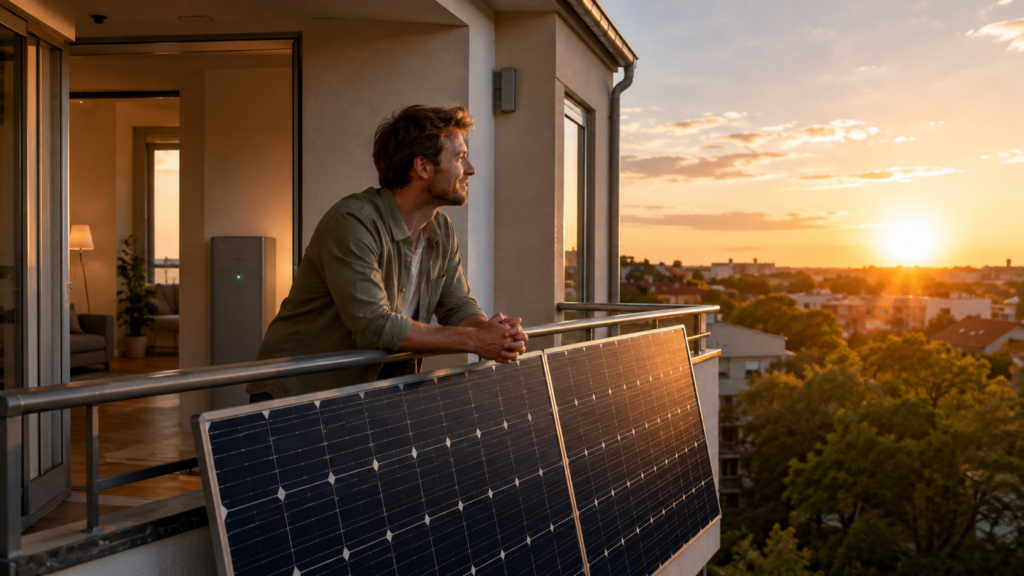 Ein Mann lehnt am Abend an einem Balkongeländer mit zwei Mini-PV; im Hintergrund ist ein Batteriespeicher zu sehen.