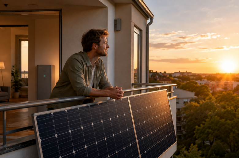 Ein Mann lehnt am Abend an einem Balkongeländer mit zwei Mini-PV; im Hintergrund ist ein Batteriespeicher zu sehen.