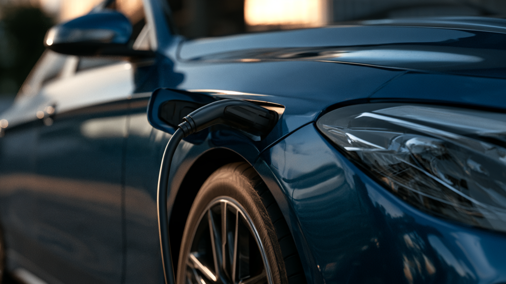Ladestecker im Ladeanschluss eines blauen Elektroautos in einer Einfahrt, Hintergrund unscharf