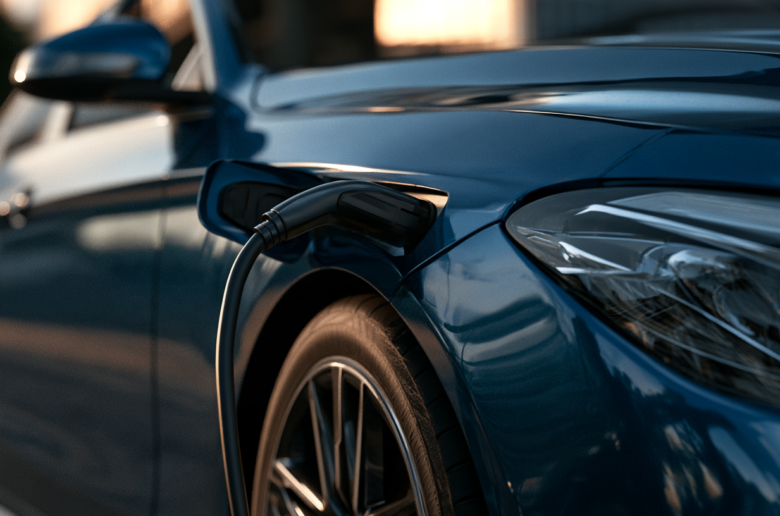 Ladestecker im Ladeanschluss eines blauen Elektroautos in einer Einfahrt, Hintergrund unscharf
